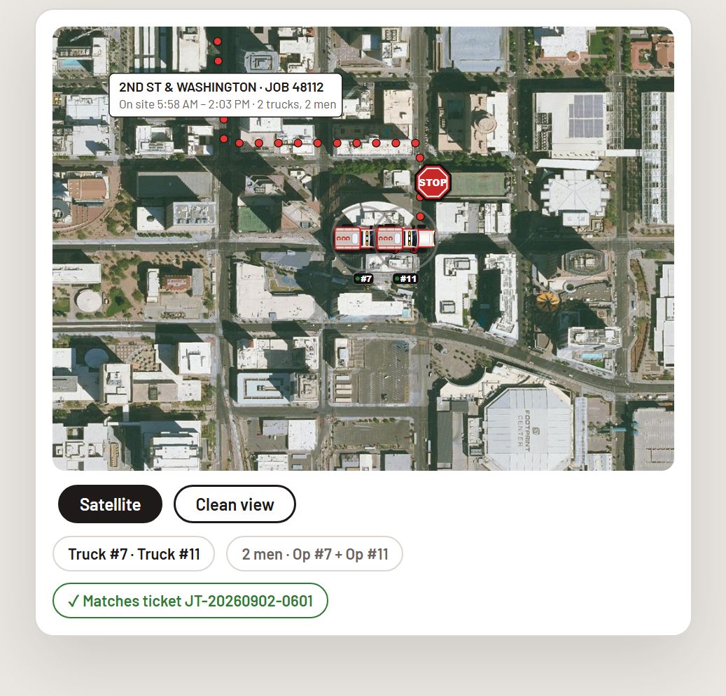 Two trucks on a downtown job on the fleet map
